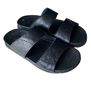 Dép  da Nam quai ngang đế cao 3.5cm Trường Hải may viền da bò thật Màu đen QN155 