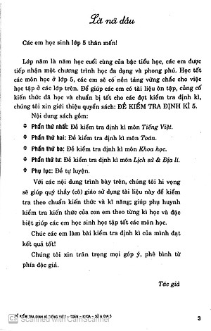Sách Đề Kiểm Tra Định Kỳ Tiếng Việt - Toán - Khoa Học - Lịch Sử - Địa Lí Lớp 5