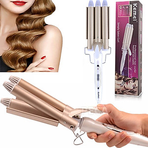 Máy uốn tóc 3 trục Kemei KM-1010 điều chỉnh 2 mức nhiệt độ chuyên dụng làm tóc xoăn gợn sóng, uốn tóc uốn sóng nước bồng bềnh tiện lợi