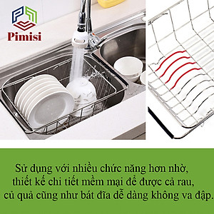 Rổ Inox 304 Chữ Nhật Gác Bồn Rửa Chén Pimisi Úp Bát Đĩa - Rau Củ Quả Với Thiết Kế Thông Minh Điều Chỉnh Độ Dài Co Giãn Chiều Dài Khay, Tay Nắm Kéo Từ Thép Không Gỉ SUS 304 - Với 4 Góc Vuông Bo Tròn Phù Hợp Với Mọi Chậu Rửa Bát  | Hàng Chính Hãng