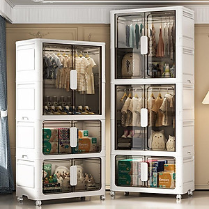 Tủ Nhựa Gấp Gọn Nubie Ngang 60/70/80cm Có Ngăn Treo Quần Áo, Đựng Đồ Dùng Size Lớn, Bánh Xe Xoay