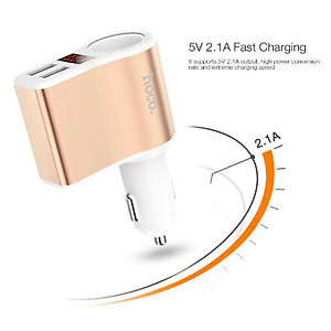 Tẩu sạc ô tô nhãn hiệu Hoco Z10 có 2 cổng USB (5V 2.1A) và màn hình Led hiển thị thông số điện áp