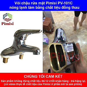 Vòi lavabo nóng lạnh Pimisi cho chậu rửa mặt 3 lỗ (2 chân) bằng đồng thau - mạ crom, niken sáng bóng dùng trong nhà tắm - điều chỉnh nước bằng gật gù nóng lạnh gắn trên bồn chậu rửa mặt treo tường đầy đủ phụ kiện xi phông và dây cấp nước | Hàng chính hãng