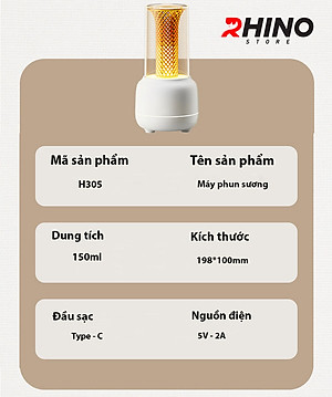 Máy phun sương tạo độ ẩm mini Rhino H305 tự ngắt khi hết nước kèm đèn hàng chính hãng