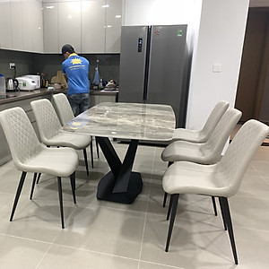 Bộ bàn ăn mặt đá Ceramic bóng chân chéo chữ X kết hợp ghế Nelson trám