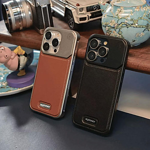 Ốp Lưng da đẳng cấp cho IPhone 15 / 14 Pro Max hiệu NJOYNY Phone, ngăn đựng nước hoa , sạc không dây - Hàng chính hãng