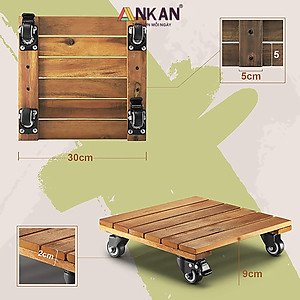 Kệ Để Chậu Cây Có Bánh Xe ANKAN, Đế Để Chậu Cây, Kệ Giá Đỡ Chậu Hoa Cây Cảnh, Hình Vuông Màu Vàng R30 Cm, Tải 150kg