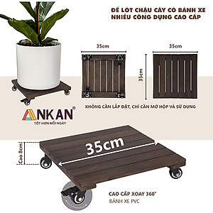 Đế Lót Chậu Cây Có Bánh Xe Cao Cấp ANKAN Hình Vuông Màu Đen 35x35Cm, Tải trọng 150 Kg, Di Chuyển Chậu Cây Nặng Dễ Dàng, Êm Ái