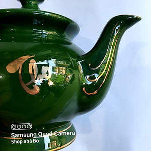 Bộ ấm chén Bát Tràng phú quý men xanh lục ngọc bảo họa tiết Phúc - Lộc - Thọ vẽ vàng 24k 