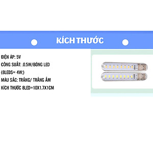 Đèn Led Thanh 8 Bóng Để Bàn Đầu Gắn Ngõ USB Dự Phòng 4W (0.5W/led) Siêu Sáng