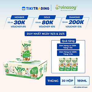 Thùng Sữa hạt Veyo lên men tự nhiên Vị Nguyên bản Ít đường (30hộp x 180ml)