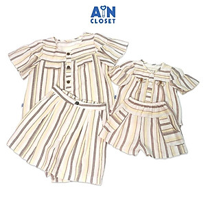 Bộ quần áo ngắn bé gái họa tiết Kẻ nâu tay rũ cotton - AICDBGEXMU4L - AIN Closet