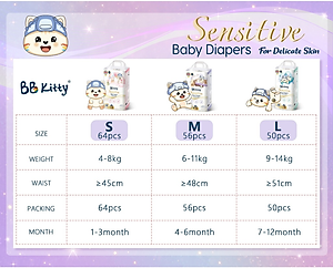 [L50]Tã/Bỉm Dán  BB KITTY SENSITIVE dành cho da Nhạy Cảm size L 50 miếng/ 09 - 14 kg mẫu mới