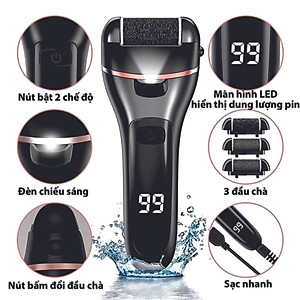Máy chà gót chân tẩy tế bào chết 3 đầu mài 2 chế độ cao cấp, máy mài gót chân đa năng - tặng kèm bộ phụ kiện 10 món