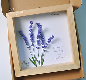 Tranh Hoa Giấy Handmade Trang Trí - Hoa Oải Hương MAYPAPERFLOWER Khung Gỗ Size 19x19cm