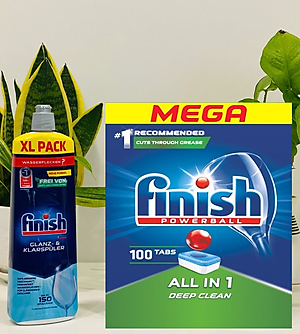 Combo Dầu làm bóng finish 750ml+Viên rửa bát Finish All in one 100v dùng cho Máy rửa bát