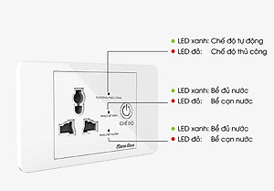 Ổ cắm máy bơm an toàn thương hiệu Rạng Đông Model: OC03.MB 16A, sử dụng nguồn cách ly điện áp thấp 5V đến phao điện tại các bể, an toàn cho người sử dụng