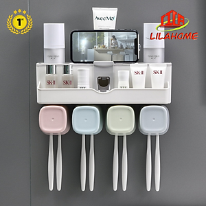 Giá Treo Bàn Chải Đánh Răng, Lấy Kem Đánh Răng Tự Động, Lưu Trữ Vật Dụng Ngăn Nắp - Tặng Kèm 4 Cốc Và Miếng Dán Tường - Chính Hãng