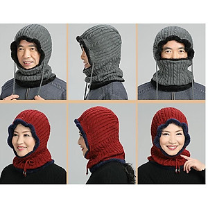 Bộ khăn mũ len liền cổ lót lông cho người lớn tuổi cực ấm - khan mu len lot long