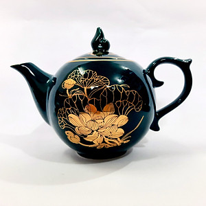 Bộ ấm chén Bát Tràng cao cấp màu xanh Arctic họa tiết hoa sen vẽ vàng 24k