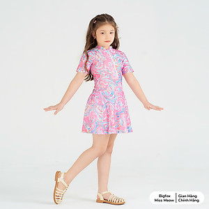 Đồ bơi cho bé gái Bigfox Miss Meow, dáng váy liền vải thun co dãn, màu hồng size đại cỡ trẻ em 90,120,150,160 11-35kg