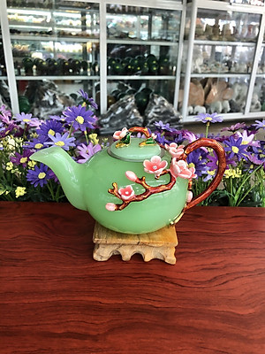 Bộ ấm trà chạm hoa mai đá ngọc cẩm thạch xanh