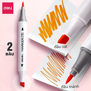 Bút màu marker thân tròn hai đầu ngòi brush Deli - Marker hộp nhựa - 12/ 24/ 36/ 48/ 60 Màu - 70804