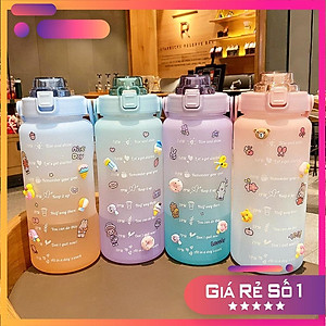 (Tặng sticker) Bình nước 2 lít  dành cho người lười uống nước bình nước cute 2L có ống hút, vạch chia nhắc giờ
