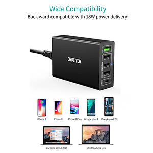 Adapter cóc củ sạc nhanh 60W 4 cổng USB & 1 cổng PD Type-C hiệu CHOETECH Q3-4U2Q cho điện thoại / máy tính bảng / Macbook / Laptop (sạc nhanh 1 cổng PD 2.0 Type-C & 1 cổng USB QC 3.0 & 3 cổng USB 2.4A, Max 6A) - hàng chính hãng