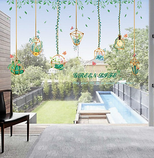 Decal giấy dán tường giỏ hoa xương rồng XC9059