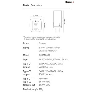 Củ sạc siêu nhanh Baseus GaN2 Lite Quick Charger 65W (Type C+ USB) - Hàng Chính Hãng