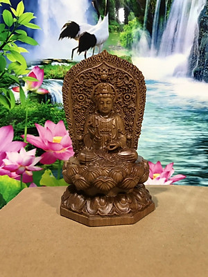 Tượng quan thế âm bồ tát ngồi đài sen khắc hai mặt bằng gỗ bách xanh thơm nức kt 7×7×13