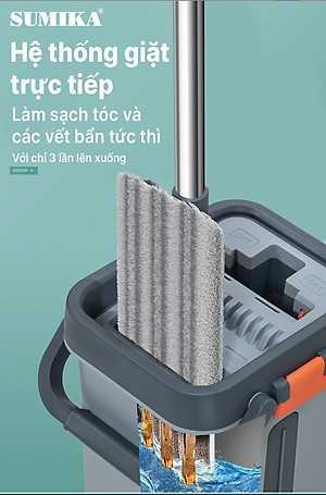 Bộ cây lau nhà SUMIKA C38, thùng lau nhà 2 ngăn tự vắt thông minh, chổi lau sàn nhà 360 độ, 2 bông lau, 1 móc treo cây lau sàn