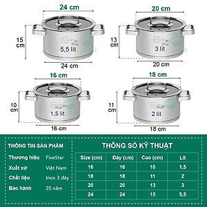 Bộ Nồi Inox 304 Fivestar Plush 3 đáy từ 4 Món Nắp Kính ( Tặng 10 Muỗng Ăn Inox )
