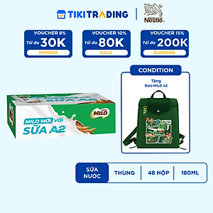 [Tặng Balô hoặc gối cổ] Thùng 48 Hộp Sữa Nestlé MILO A2 MỚI  (180ml / Hộp)