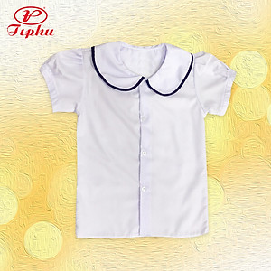 Áo trắng học sinh, cổ sen viền lính thủy xinh xắn, tay phồng, đồng phục bé gái cấp 1 có size đến lớn 60kg