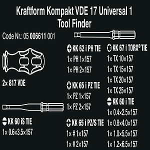 Bộ tua vít cách điện Kraftform Kompakt VDE 17 Universal 1 gồm 4 cạnh, dẹp, hoa thị  các đầu vít thay đổi được gồm 17 chiếc Wera 05006611001