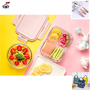 Hộp Cơm Thủy Tinh 3 Ngăn 1050 ml + Túi Cá + Hộp Đũa Thìa Cán gỗ ( Giao màu ngẫu nhiên) cực kì tiện lợi