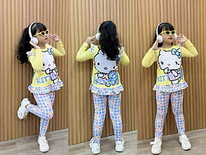 Đồ bộ ngủ dài tay cho bé gái kuromi hello kitty từ 12-40kg chất thun lạnh mềm mịn mát