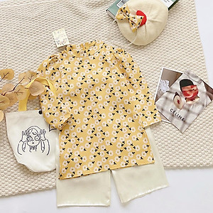 Áo dài bé gái hoa nhung lì mềm mịn kiểu dáng truyền thống áo kèm quần lụa MamLa