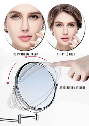 Gương trang điểm phóng đại 3 lần, xoay 360 độ, 2 mặt siêu nét, treo tường phòng tắm, phòng ngủ, Khách sạn, resort, Inox SUS 304, Size 15cm, 18cm, 20cm, Minh House