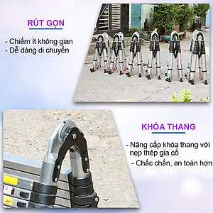 Thang nhôm rút đôi, có bánh xe di chuyển tiện lợi, thanh giằn khóa và thân thang an toàn, chiều cao từ 3,8m - 8m