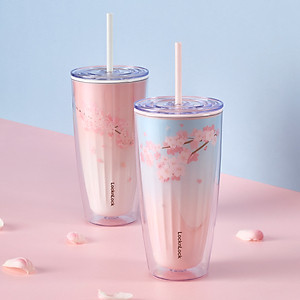 Ly nhựa LocknLock 2 lớp 750ml HAP522 720ml Anh Đào - Hàng chính hãng kèm ống hút, cách nhiệt tốt, miệng rộng - JoyMall