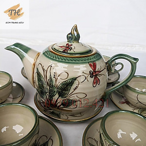 Bộ ấm chén Bát Tràng men bóng vẽ Chuồn khoai đủ phụ kiện