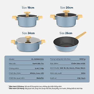 Bộ nồi chống dính vân gỗ Elmich Nature EL-5206MG04 size 18, 20, 24 chảo 26cm