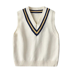 Áo gile len cổ tim màu trắng bé trai 1-6 tuổi