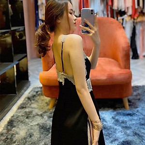 Q79 Váy ngủ lụa hai dây phối ren ngực xẻ tà cao cấp - Đầm ngủ nữ 2 dây quyến rũ - Đồ ngủ nữ sexy - Váy ngủ nữ gợi cảm