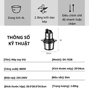 Máy xay thịt, máy xay tói ớt đa năng công suất mạnh mẽ 800W SOKANY SK-7028, dung tích 4L, cối INOX 304 - HÀNG CHÍNH HÃNG - DELIYA