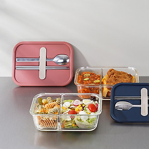 Hộp cơm thủy tinh Lock&Lock chia ngăn kèm muỗng đũa 930ml màu xanh navy LLG991CLNVY - Hàng chính hãng, dùng được lò vi sóng - JoyMall