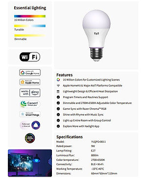 Bóng đèn Led thông minh Yeelight Bulb W4 Lite 9W - RGB 16 triệu màu - Hỗ trợ Apple Homekit, Razer Chroma